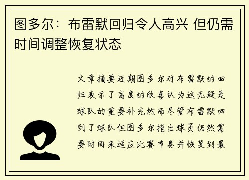 图多尔：布雷默回归令人高兴 但仍需时间调整恢复状态