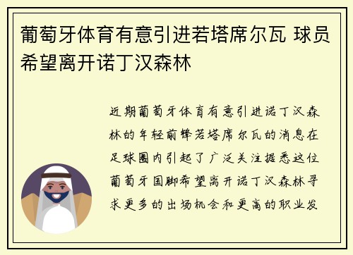 葡萄牙体育有意引进若塔席尔瓦 球员希望离开诺丁汉森林
